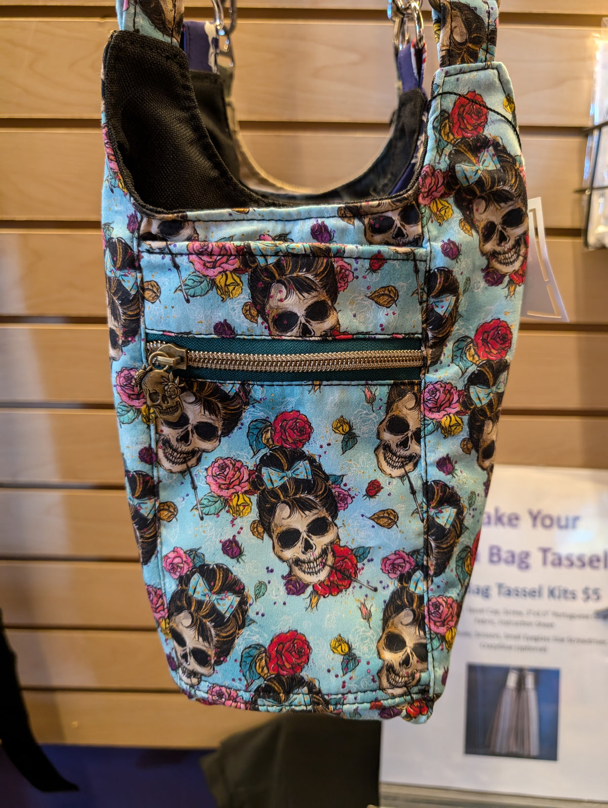 Skull and roses handmade water bottle carrier with adjustable strap and pocket