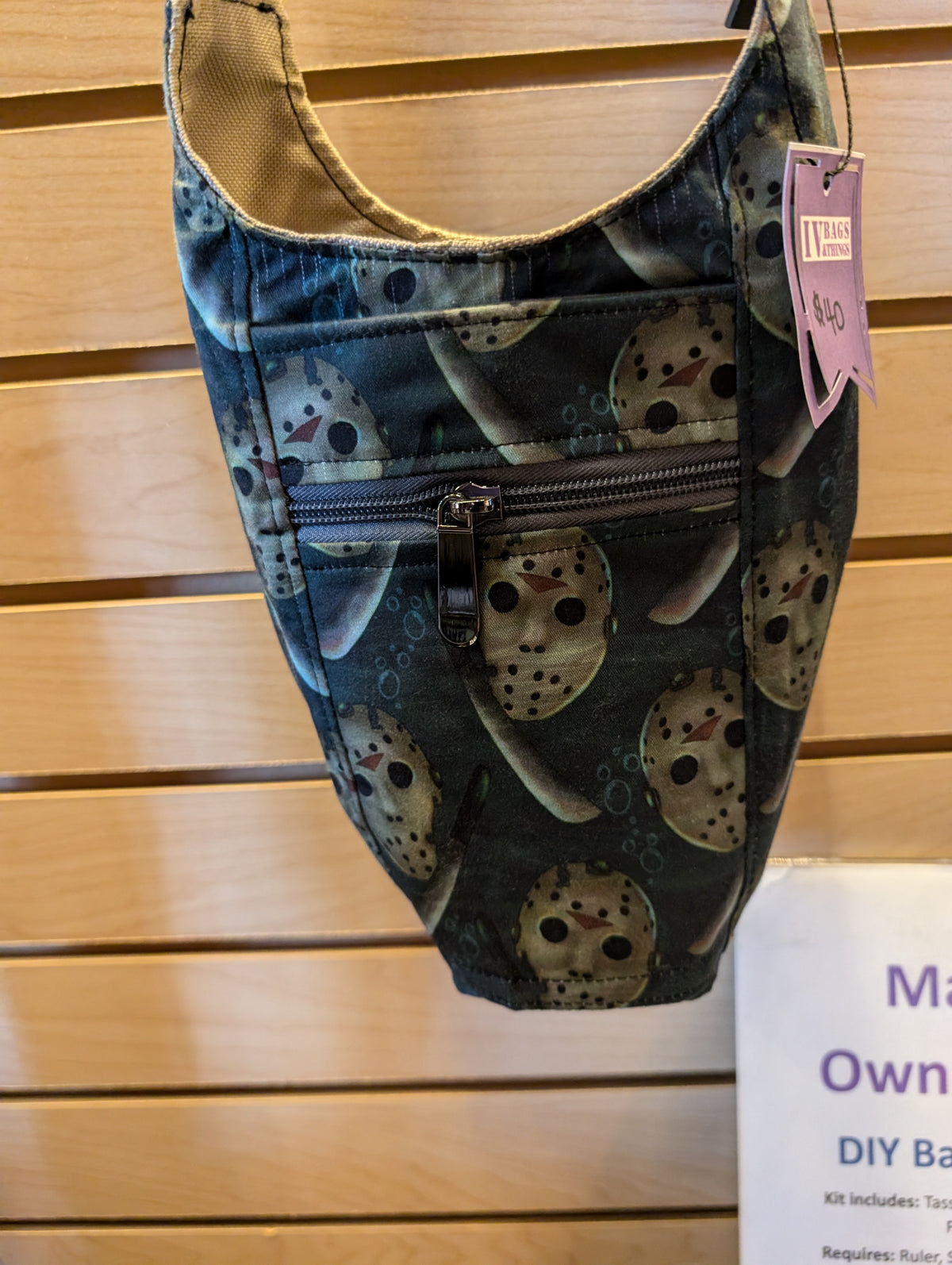 Horror mask print handmade water bottle carrier with crossbody strap and zip pocket