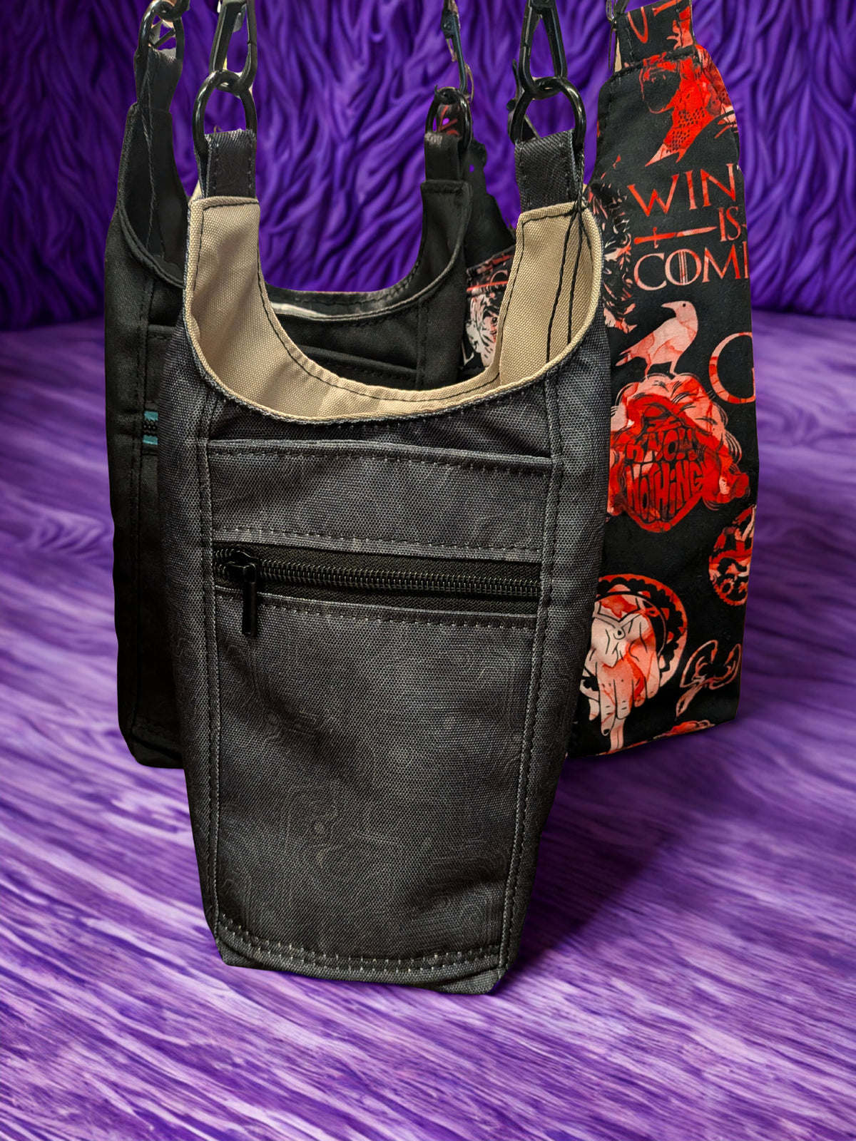 Black camouflage kanji handmade water bottle carrier with adjustable strap