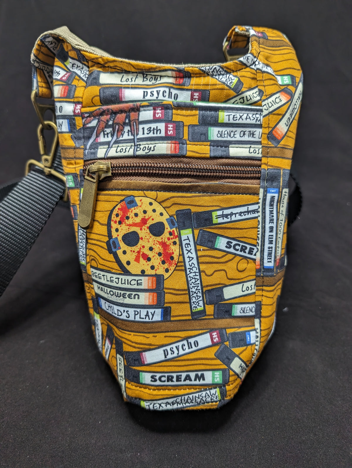 Classic horror movie print handmade water bottle carrier with adjustable crossbody strap