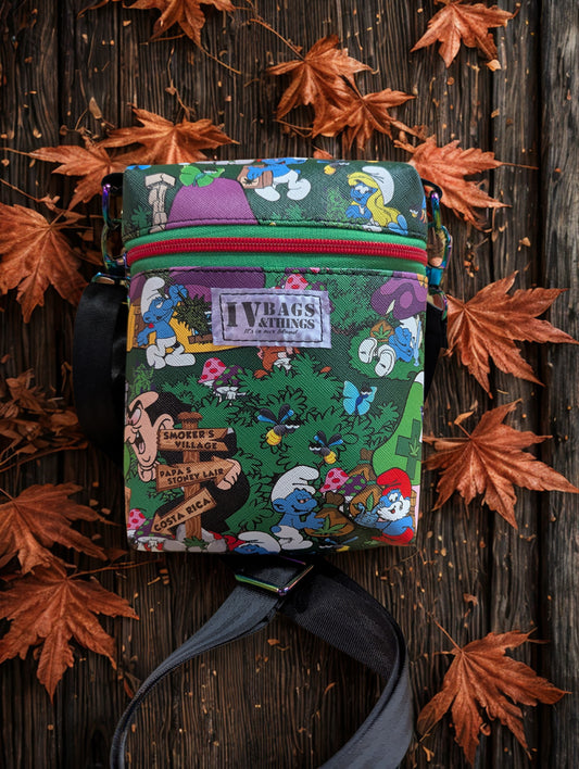 Smurf Smokers Village Crossbody Bag – 420-Inspired Boxy Style with Custom Print | IV Bags & Things