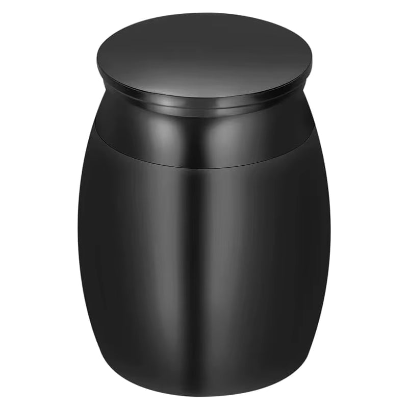A black cylindrical cremation urn with a matching lid, shown on a solid white background.