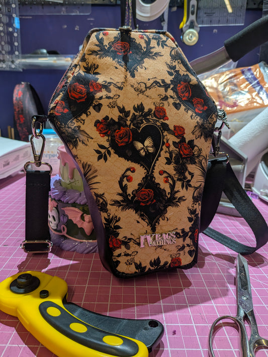 Handmade Coffin Crossbody Bag – Gothic Rose Handbag