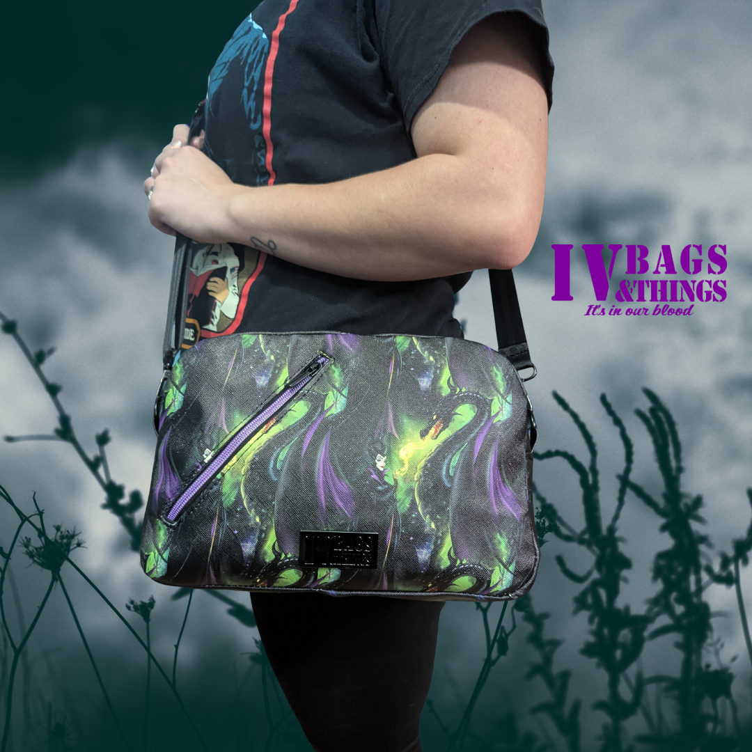 Dark Fantasy Villain Crossbody Bag handmade in vegan leather with purple villain-inspired print