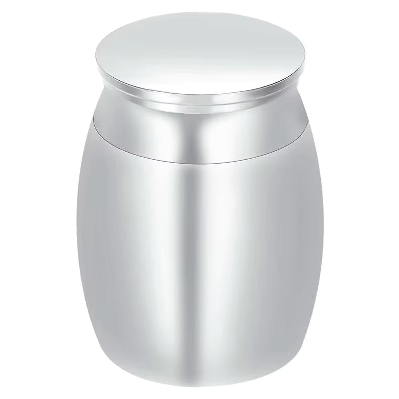 A brushed silver metal cremation urn with a matching flat lid, shown on a solid white background.
