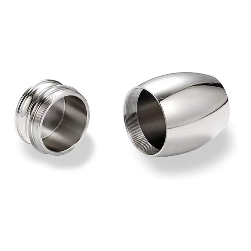 Two polished stainless steel components, one threaded and one smooth, shown on a clean white background.