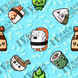 Kawaii Sushi Seamless Pattern – Cute Japanese Food Print | Pastel Blue Digital Paper for Bags & Crafts